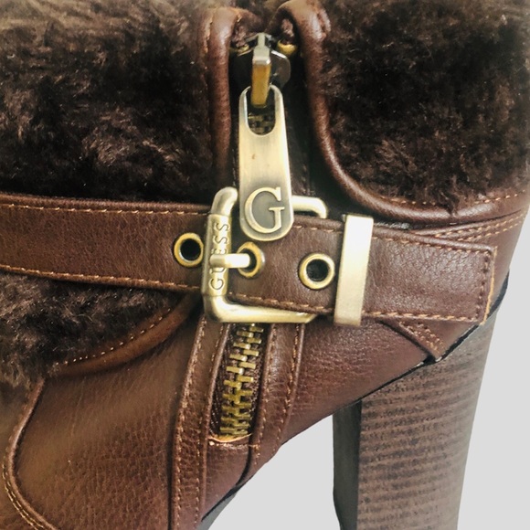 Guess Faux Fur Trimmed Ankle Booties in Dark Brown, Leather Sole, Size 6.5 - Picture 3 of 10